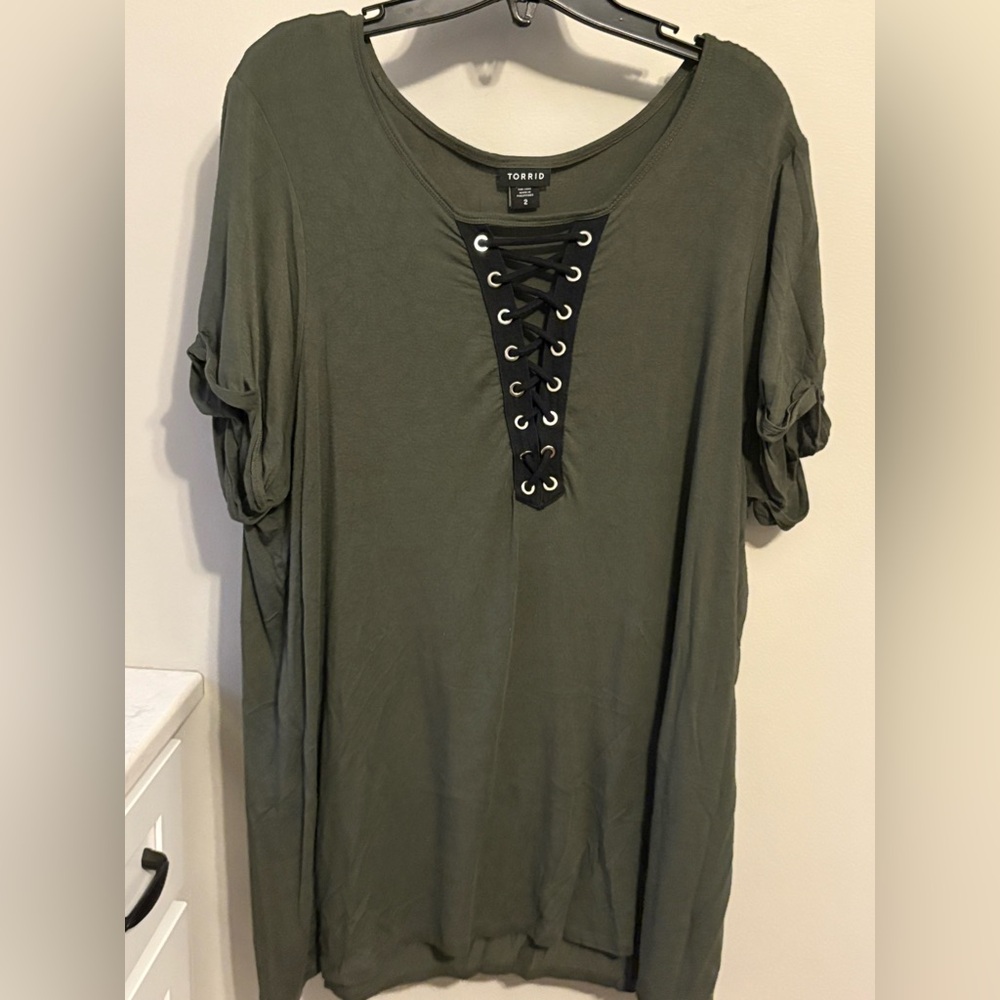 Torrid army green Lace-Up Short Sleeve Top